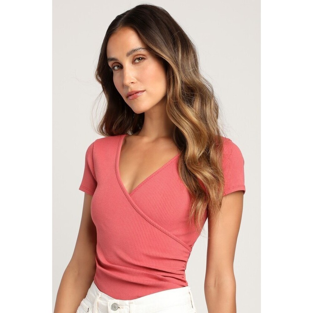Lulus All Day Fave Rusty Rose Ribbed Surplice Short Sleeve Bodysuit Pink